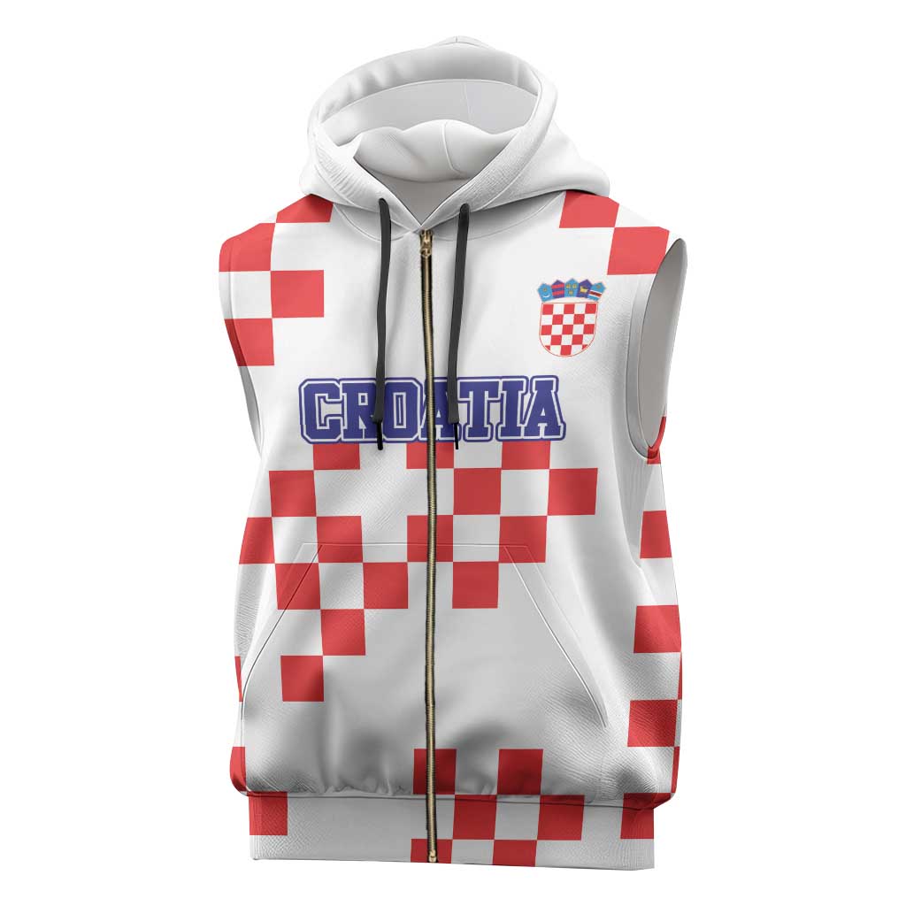 Custom Croatia National Heritage Sleeveless Zip Hoodie Red and White Checkerboard Design - Wonder Print Shop