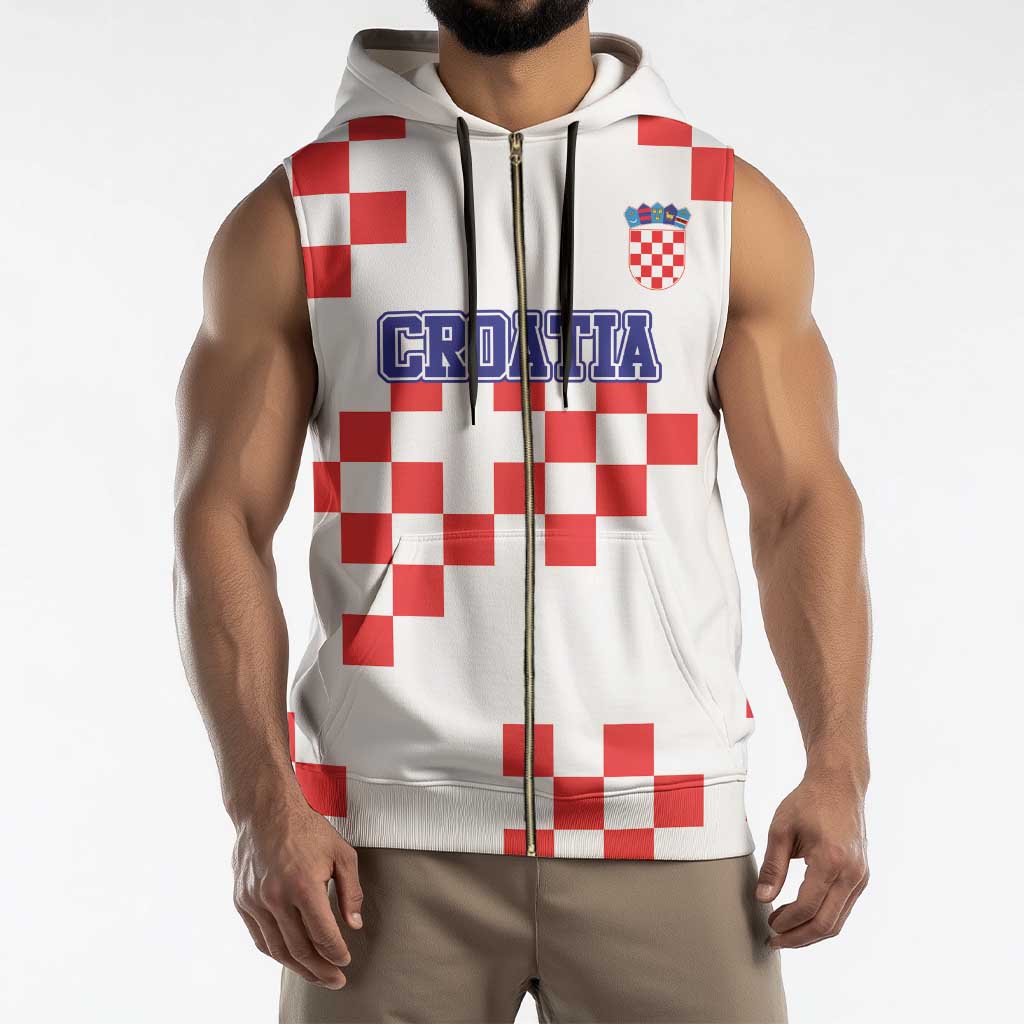 Custom Croatia National Heritage Sleeveless Zip Hoodie Red and White Checkerboard Design - Wonder Print Shop