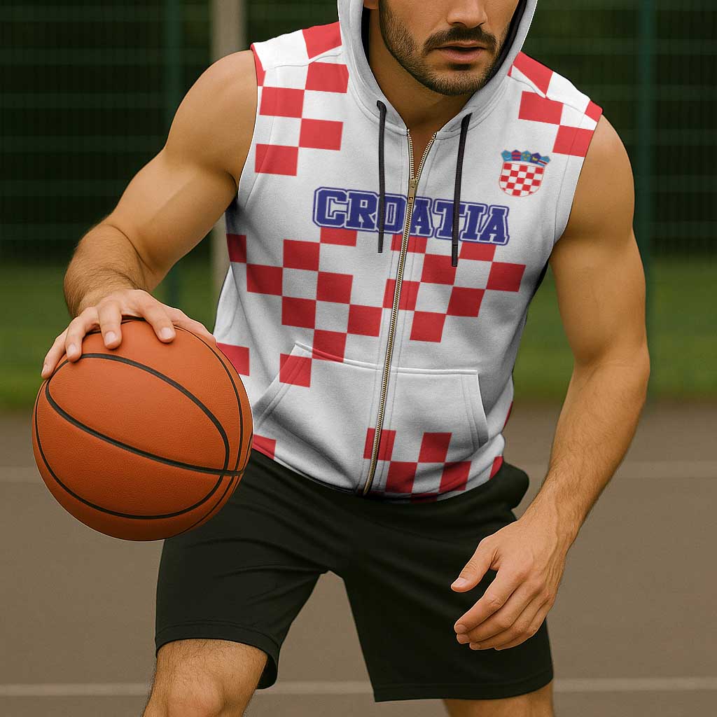 Custom Croatia National Heritage Sleeveless Zip Hoodie Red and White Checkerboard Design - Wonder Print Shop