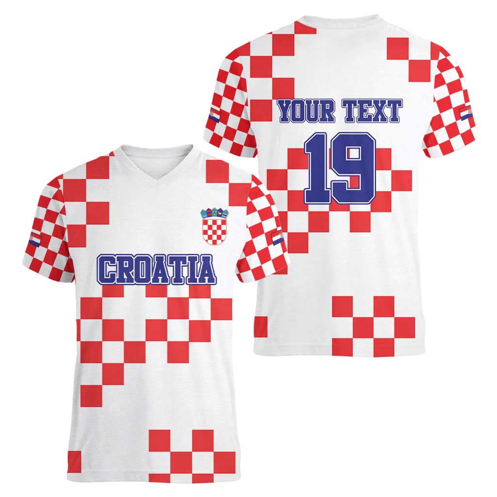Custom Croatia National Heritage Women V-Neck T-Shirt Red and White Checkerboard Design - Wonder Print Shop