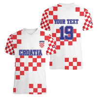 Custom Croatia National Heritage Women V-Neck T-Shirt Red and White Checkerboard Design - Wonder Print Shop