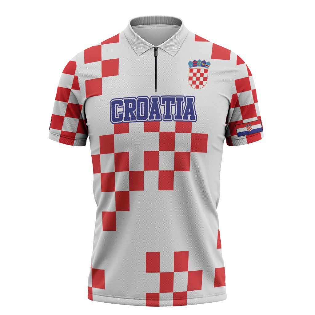 Custom Croatia National Heritage Zipper Polo Shirt Red and White Checkerboard Design - Wonder Print Shop
