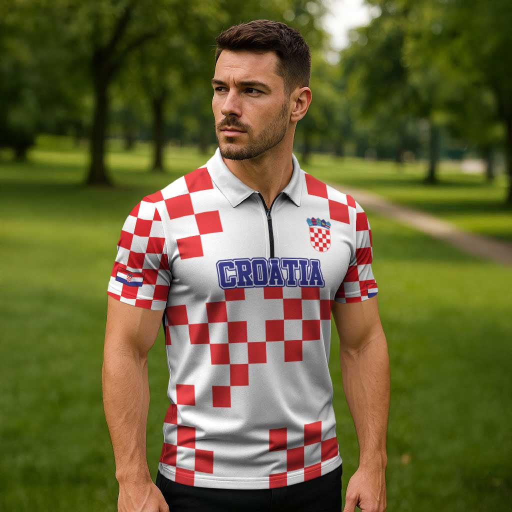 Custom Croatia National Heritage Zipper Polo Shirt Red and White Checkerboard Design - Wonder Print Shop