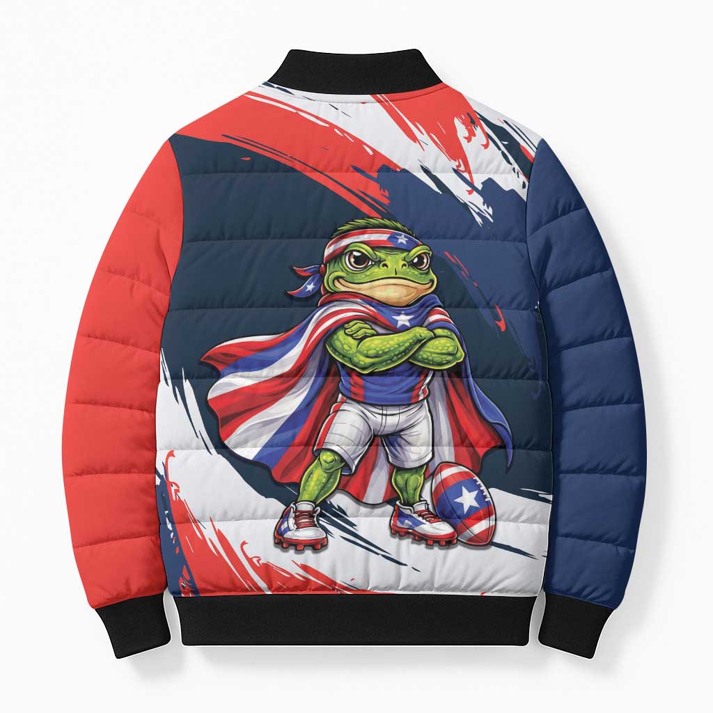 Benito Bowl Puerto Rican Football Bomber Puffer Jacket Coquí Frog Puerto Rican