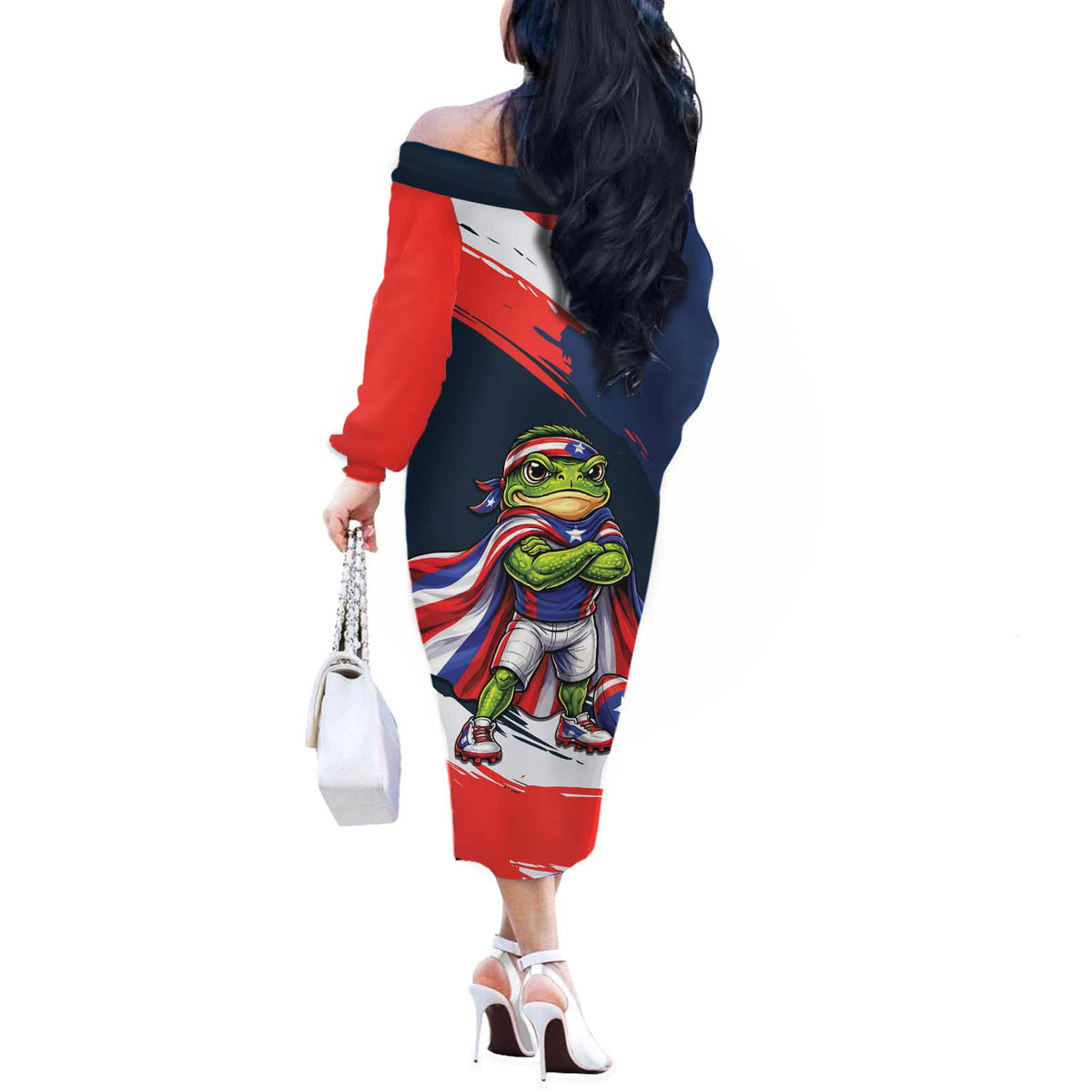 Benito Bowl Puerto Rican Football Off The Shoulder Long Sleeve Dress Coquí Frog Puerto Rican