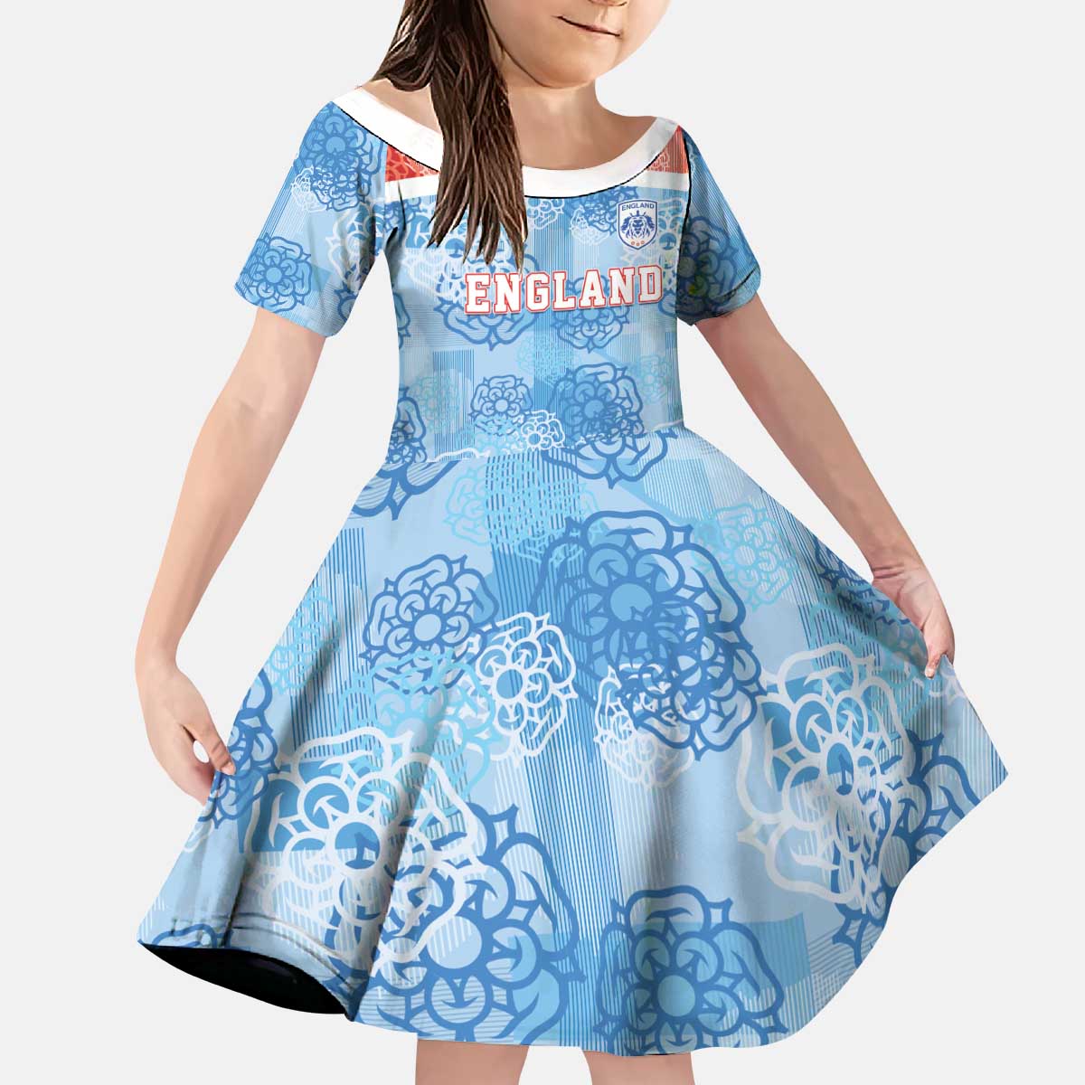Custom World Football 2026 England Kid Short Sleeve Dress Three Lions and Tudor Rose Pattern