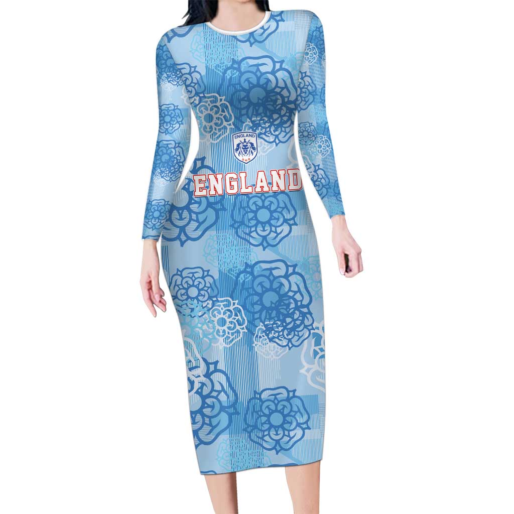 Custom World Football 2026 England Long Sleeve Bodycon Dress Three Lions and Tudor Rose Pattern