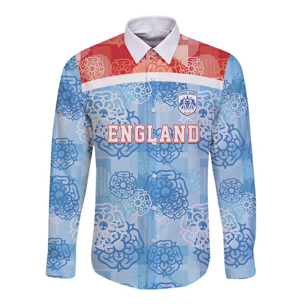 Custom World Football 2026 England Long Sleeve Button Shirt Three Lions and Tudor Rose Pattern
