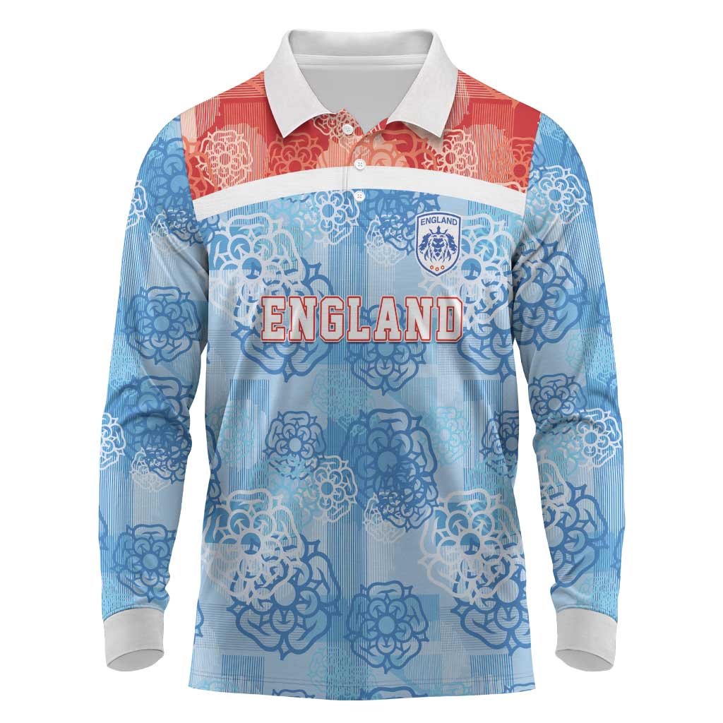 Custom World Football 2026 England Long Sleeve Polo Shirt Three Lions and Tudor Rose Pattern