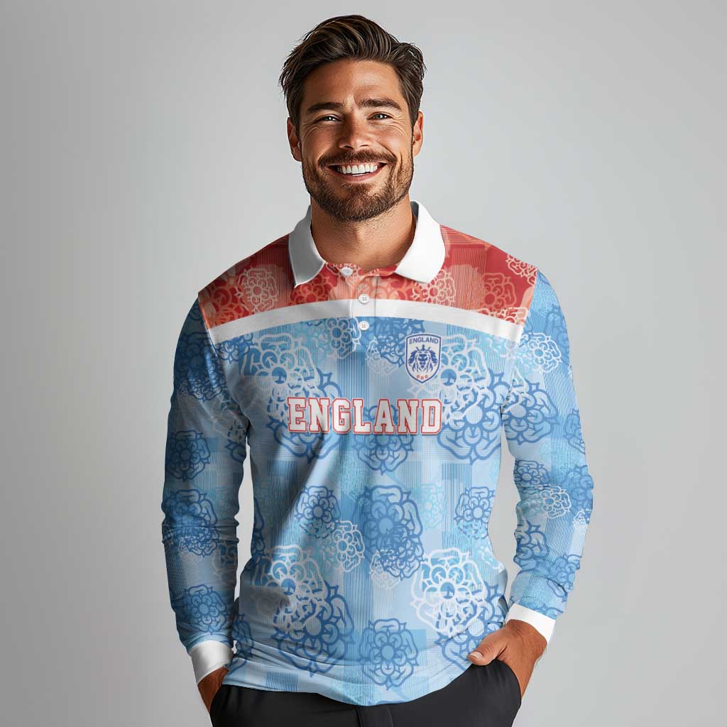 Custom World Football 2026 England Long Sleeve Polo Shirt Three Lions and Tudor Rose Pattern