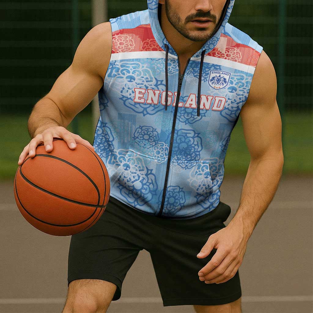 Custom World Football 2026 England Sleeveless Zip Hoodie Three Lions and Tudor Rose Pattern