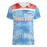 Custom World Football 2026 England Women V-Neck T-Shirt Three Lions and Tudor Rose Pattern