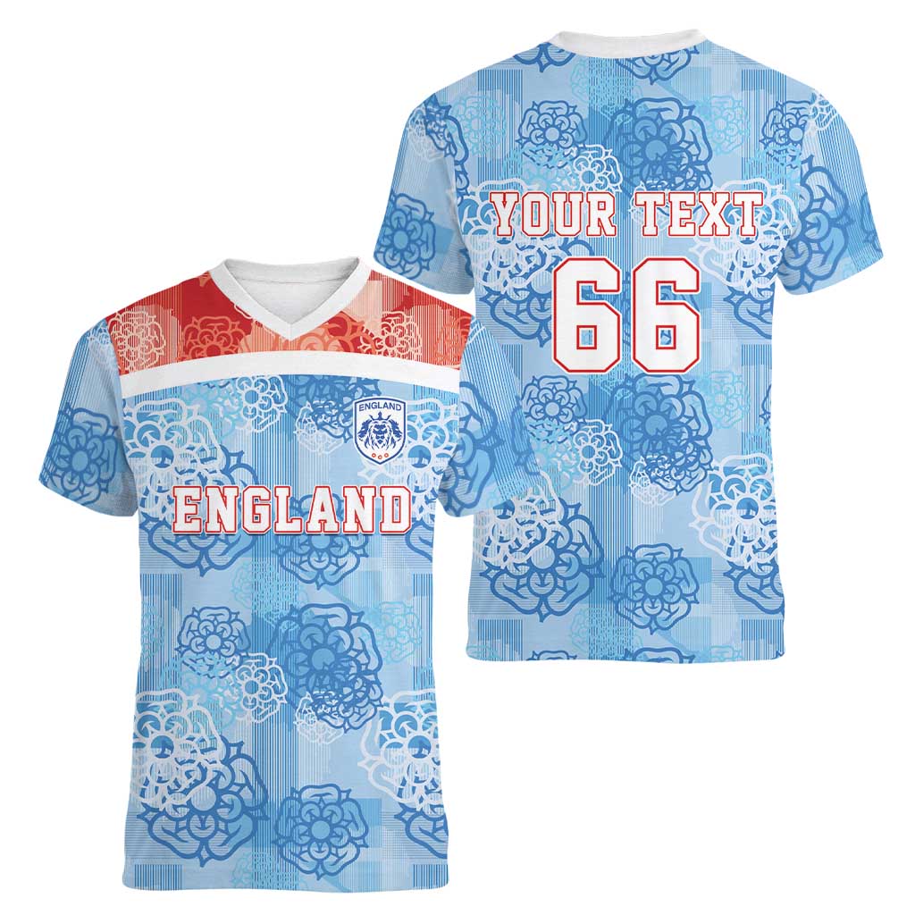Custom World Football 2026 England Women V-Neck T-Shirt Three Lions and Tudor Rose Pattern