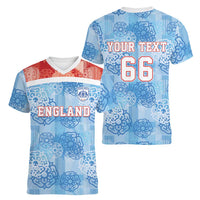 Custom World Football 2026 England Women V-Neck T-Shirt Three Lions and Tudor Rose Pattern