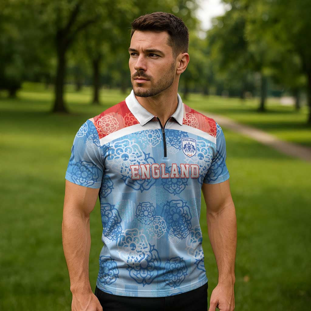 Custom World Football 2026 England Zipper Polo Shirt Three Lions and Tudor Rose Pattern