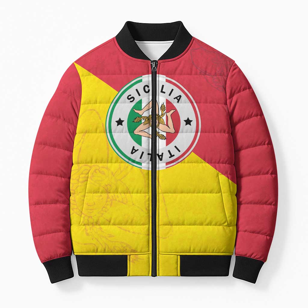 Italy Sicilia Bomber Puffer Jacket Triskeles With Lemons - Wonder Print Shop