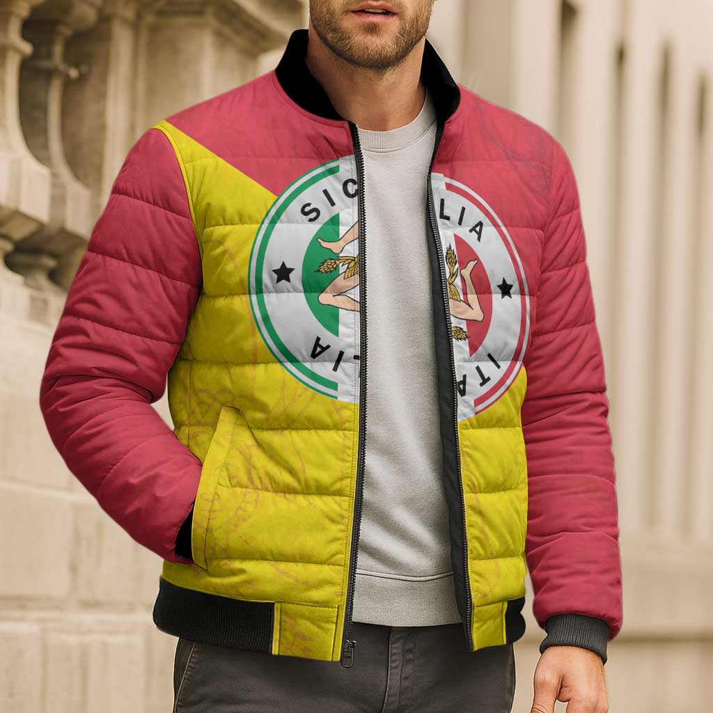 Italy Sicilia Bomber Puffer Jacket Triskeles With Lemons - Wonder Print Shop