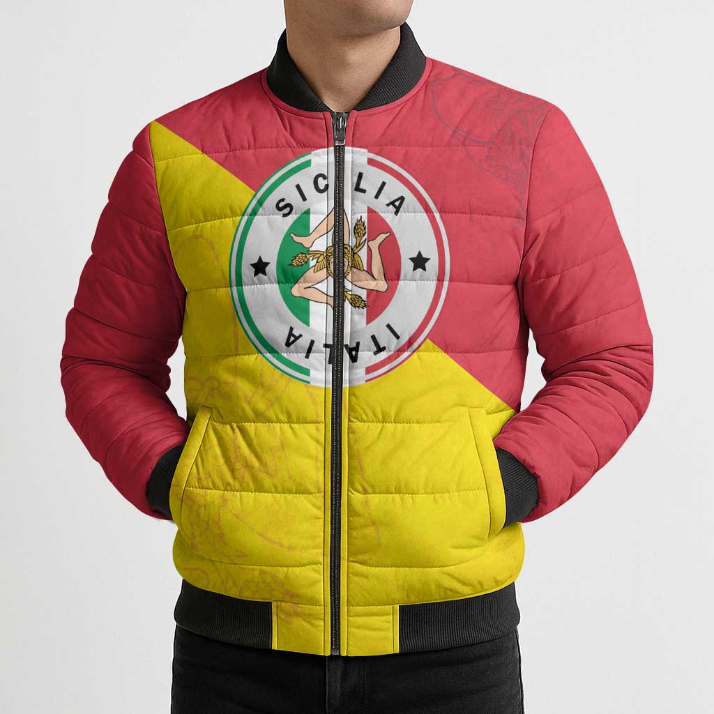 Italy Sicilia Bomber Puffer Jacket Triskeles With Lemons - Wonder Print Shop