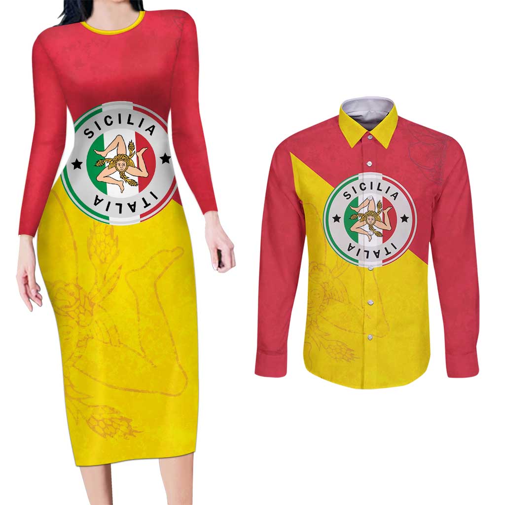 Italy Sicilia Couples Matching Long Sleeve Bodycon Dress and Long Sleeve Button Shirt Triskeles With Lemons - Wonder Print Shop