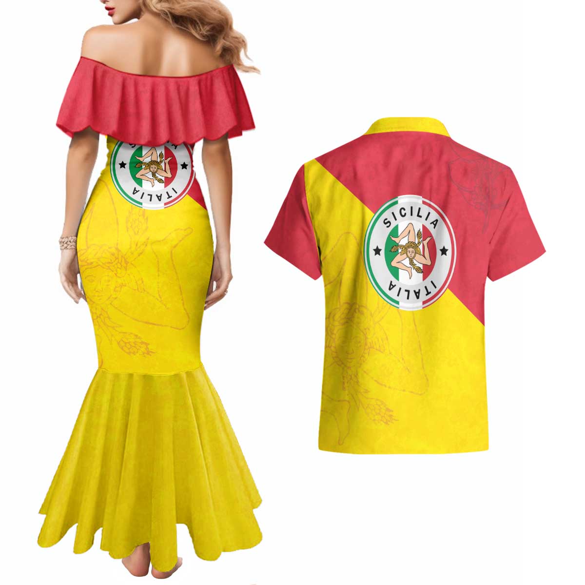 Italy Sicilia Couples Matching Mermaid Dress and Hawaiian Shirt Triskeles With Lemons - Wonder Print Shop