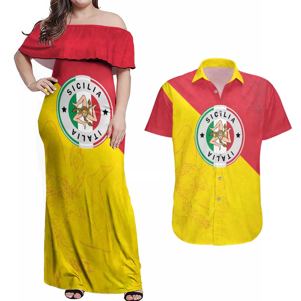 Italy Sicilia Couples Matching Off Shoulder Maxi Dress and Hawaiian Shirt Triskeles With Lemons - Wonder Print Shop