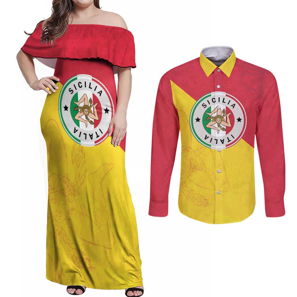 Italy Sicilia Couples Matching Off Shoulder Maxi Dress and Long Sleeve Button Shirt Triskeles With Lemons - Wonder Print Shop