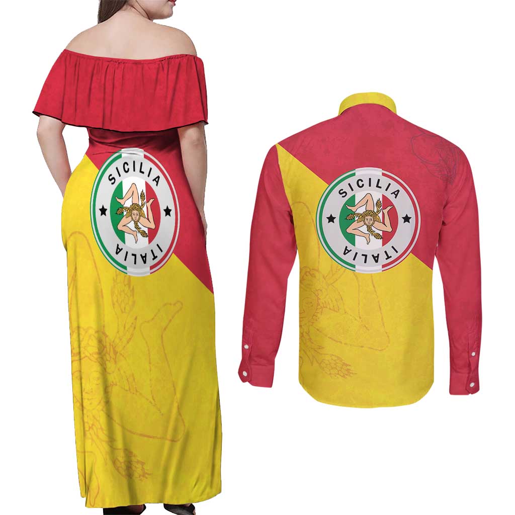 Italy Sicilia Couples Matching Off Shoulder Maxi Dress and Long Sleeve Button Shirt Triskeles With Lemons - Wonder Print Shop