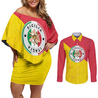 Italy Sicilia Couples Matching Off Shoulder Short Dress and Long Sleeve Button Shirt Triskeles With Lemons - Wonder Print Shop