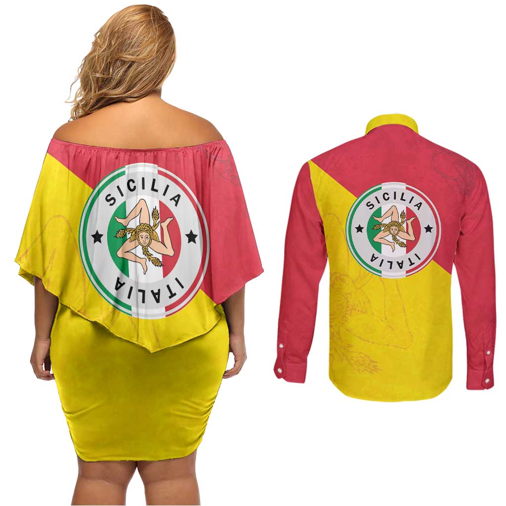 Italy Sicilia Couples Matching Off Shoulder Short Dress and Long Sleeve Button Shirt Triskeles With Lemons - Wonder Print Shop