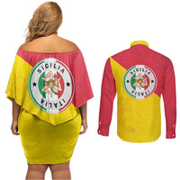 Italy Sicilia Couples Matching Off Shoulder Short Dress and Long Sleeve Button Shirt Triskeles With Lemons - Wonder Print Shop