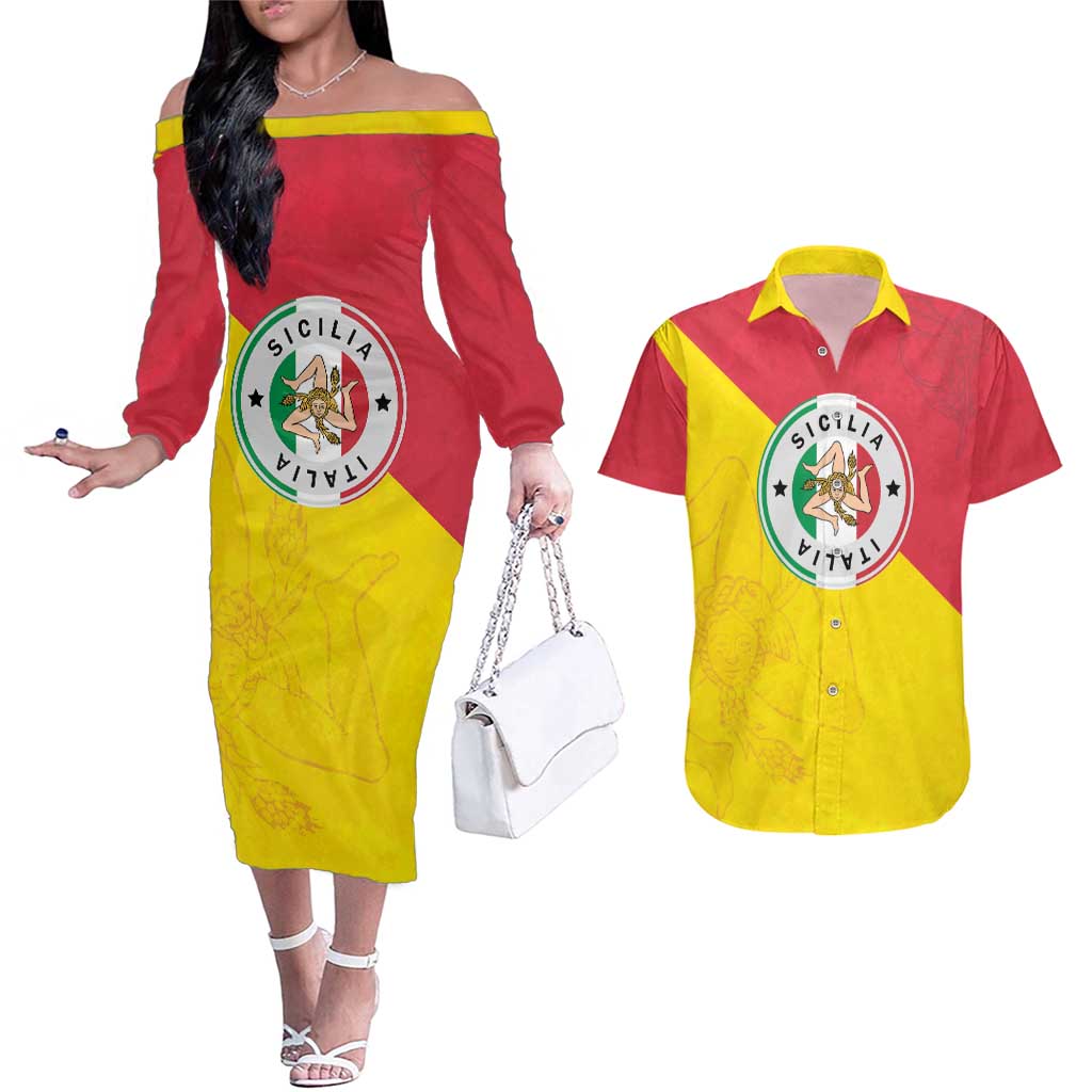 Italy Sicilia Couples Matching Off The Shoulder Long Sleeve Dress and Hawaiian Shirt Triskeles With Lemons - Wonder Print Shop