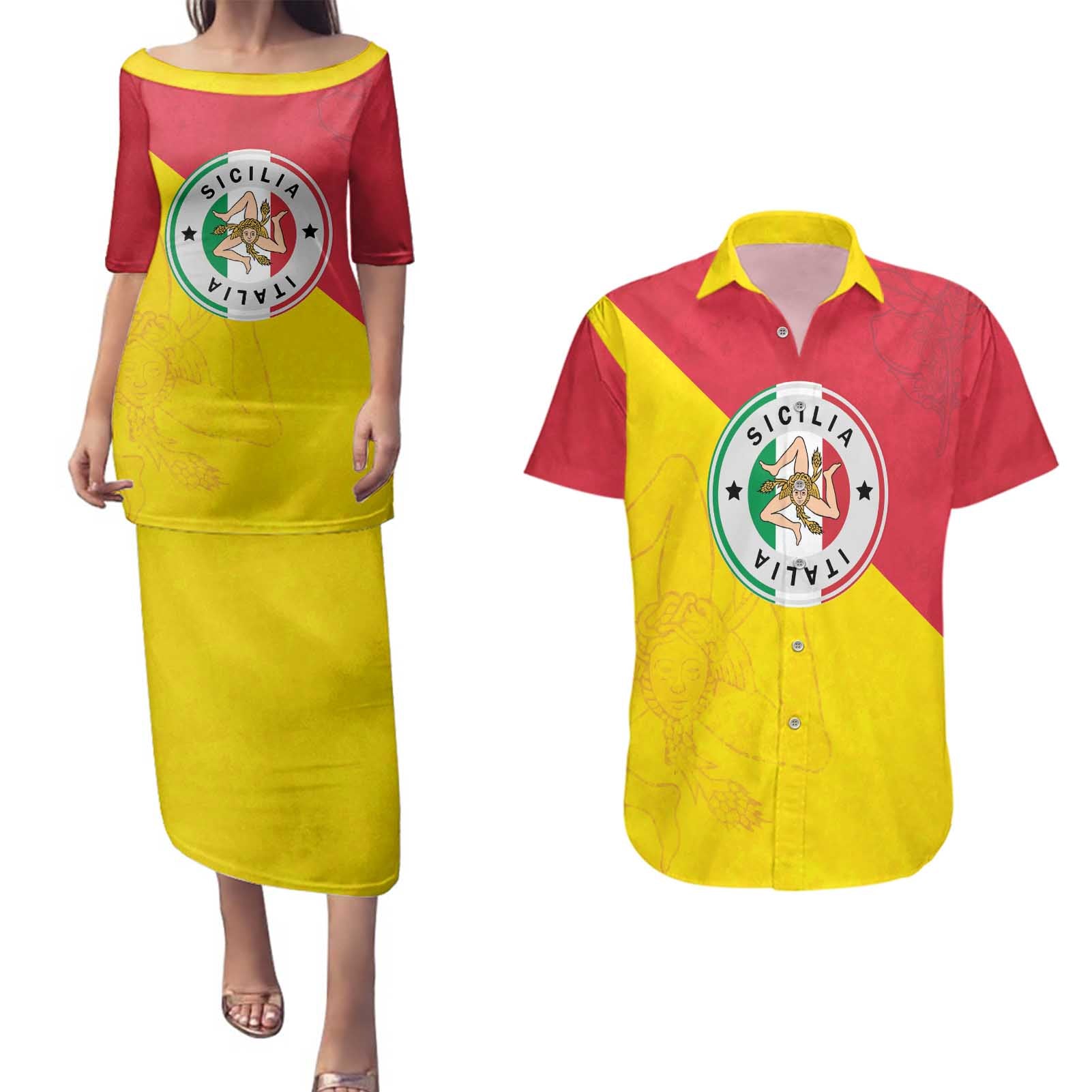 Italy Sicilia Couples Matching Puletasi and Hawaiian Shirt Triskeles With Lemons - Wonder Print Shop