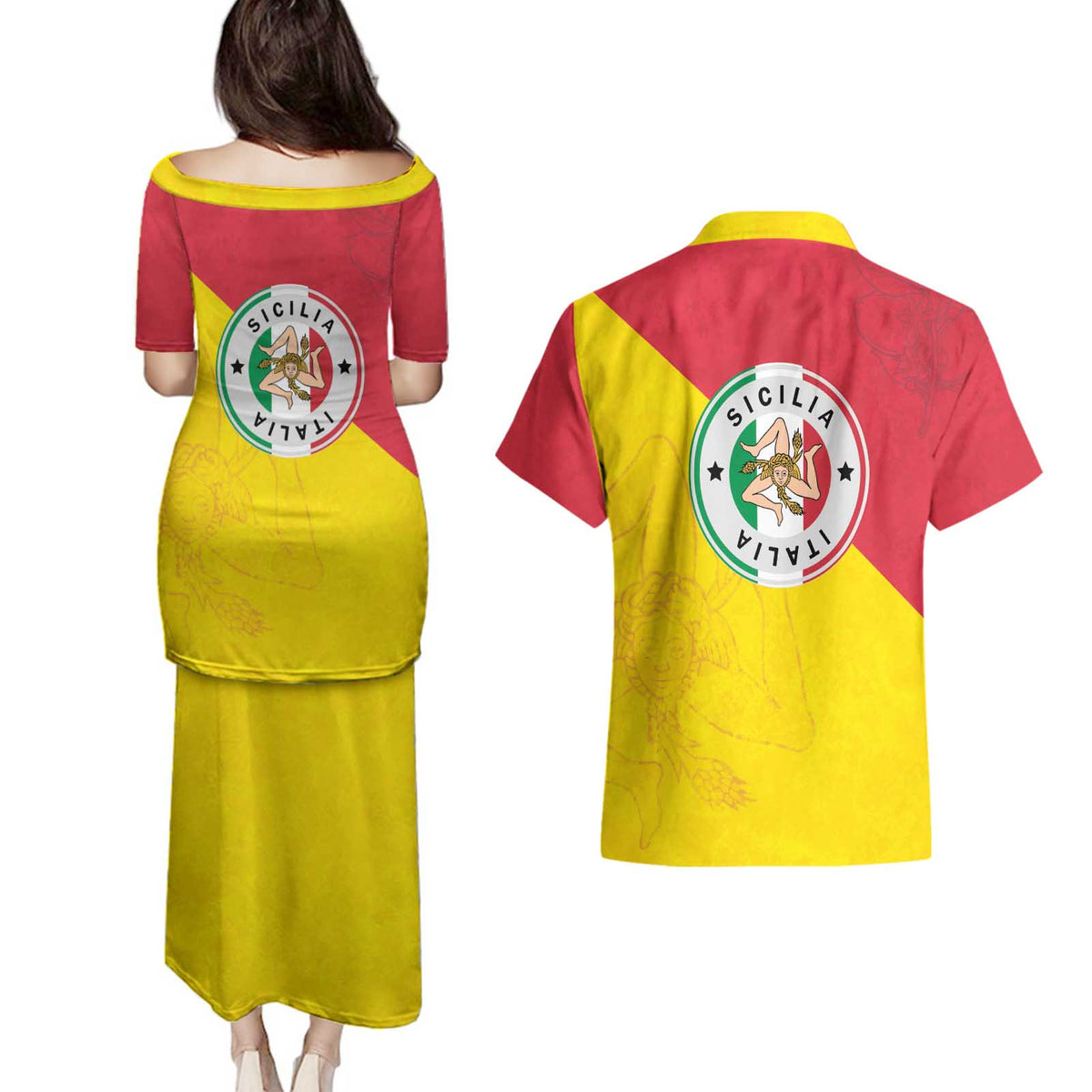 Italy Sicilia Couples Matching Puletasi and Hawaiian Shirt Triskeles With Lemons - Wonder Print Shop