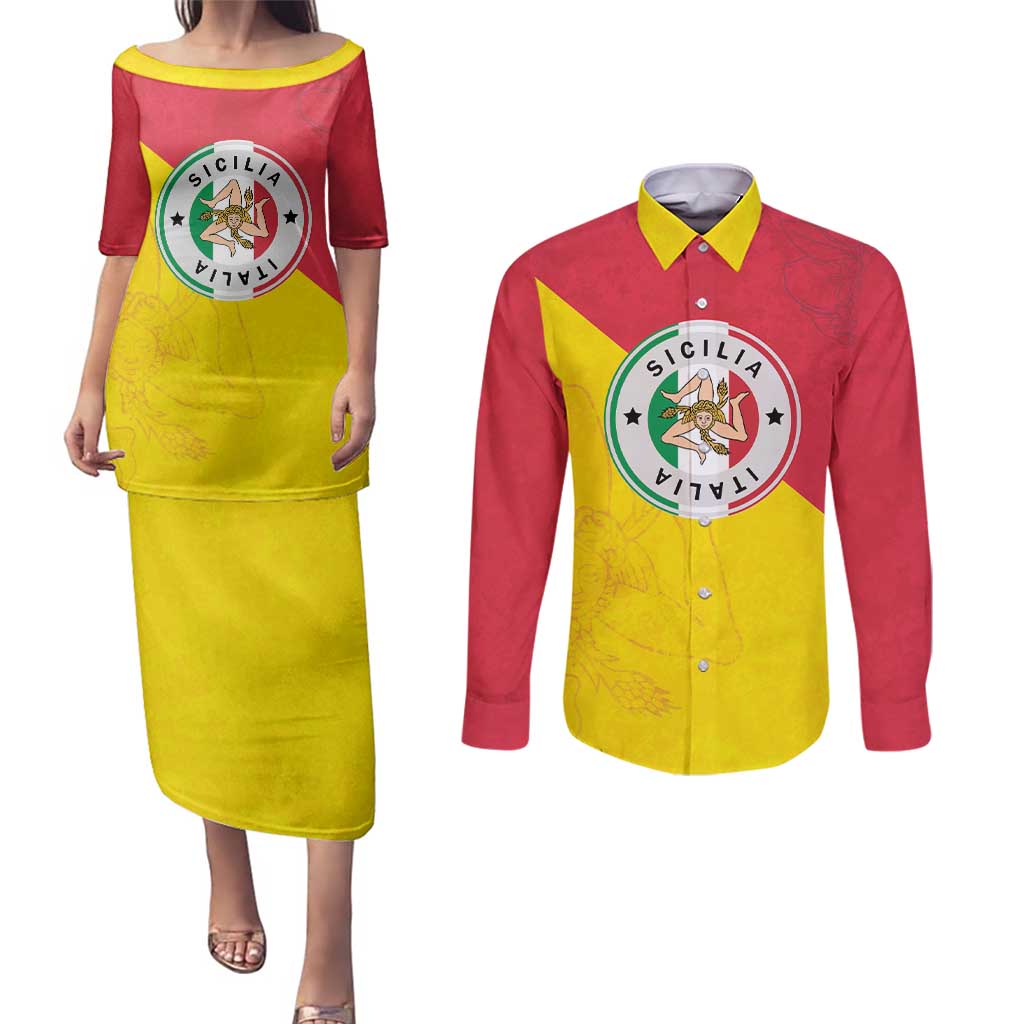 Italy Sicilia Couples Matching Puletasi and Long Sleeve Button Shirt Triskeles With Lemons - Wonder Print Shop