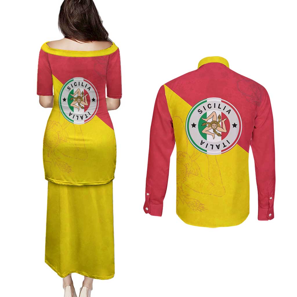 Italy Sicilia Couples Matching Puletasi and Long Sleeve Button Shirt Triskeles With Lemons - Wonder Print Shop