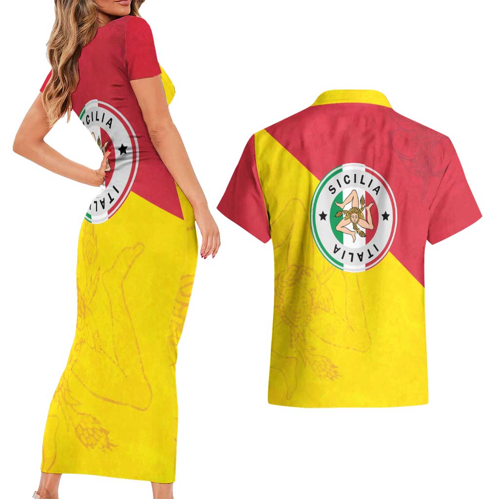 Italy Sicilia Couples Matching Short Sleeve Bodycon Dress and Hawaiian Shirt Triskeles With Lemons - Wonder Print Shop