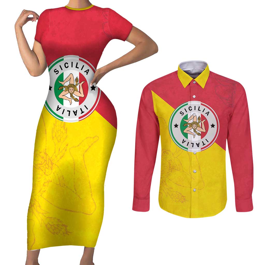 Italy Sicilia Couples Matching Short Sleeve Bodycon Dress and Long Sleeve Button Shirt Triskeles With Lemons - Wonder Print Shop