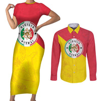 Italy Sicilia Couples Matching Short Sleeve Bodycon Dress and Long Sleeve Button Shirt Triskeles With Lemons - Wonder Print Shop