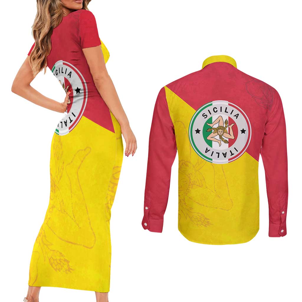 Italy Sicilia Couples Matching Short Sleeve Bodycon Dress and Long Sleeve Button Shirt Triskeles With Lemons - Wonder Print Shop