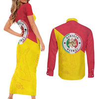 Italy Sicilia Couples Matching Short Sleeve Bodycon Dress and Long Sleeve Button Shirt Triskeles With Lemons - Wonder Print Shop