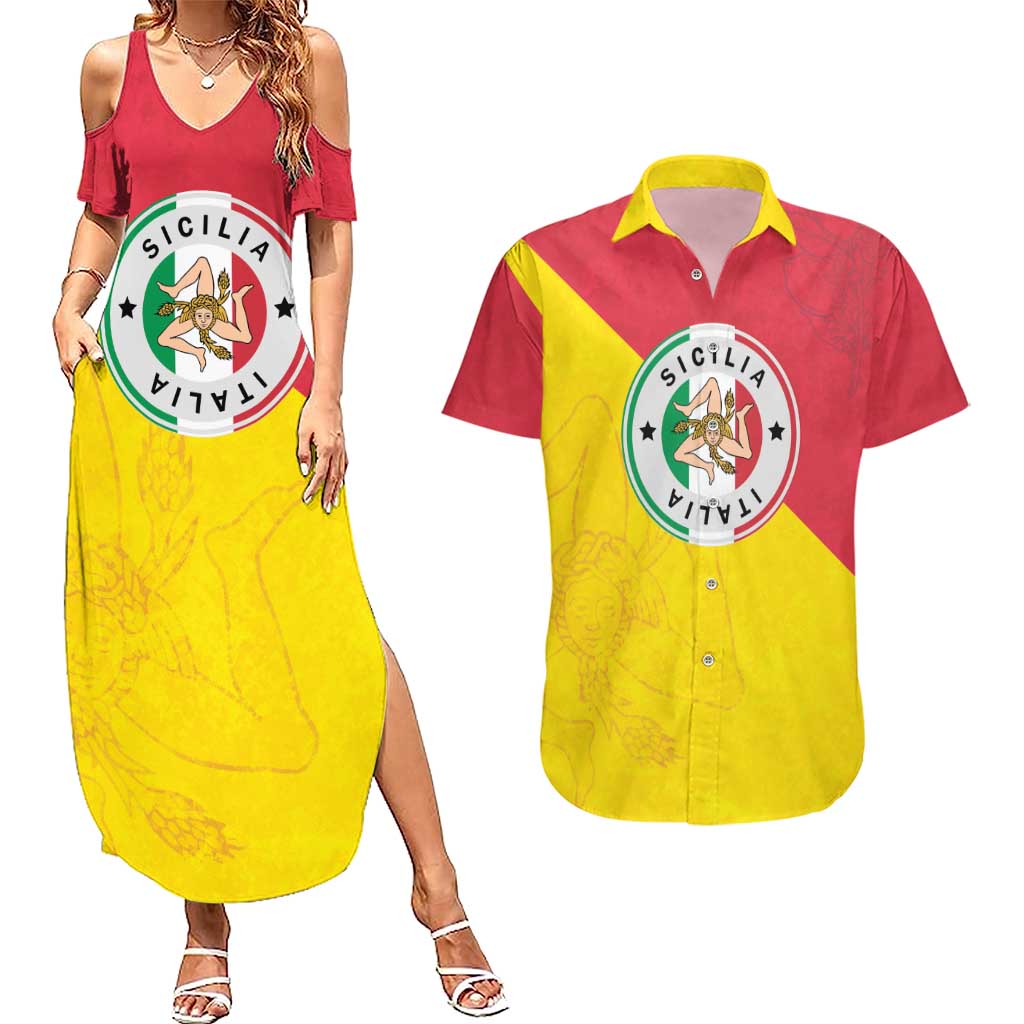 Italy Sicilia Couples Matching Summer Maxi Dress and Hawaiian Shirt Triskeles With Lemons - Wonder Print Shop