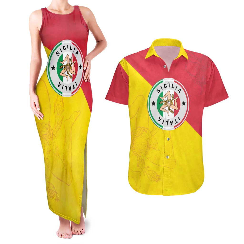 Italy Sicilia Couples Matching Tank Maxi Dress and Hawaiian Shirt Triskeles With Lemons - Wonder Print Shop