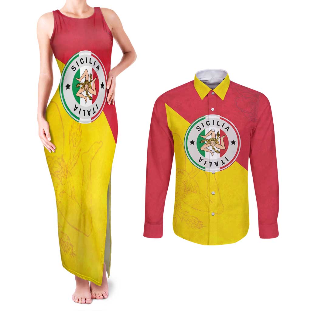 Italy Sicilia Couples Matching Tank Maxi Dress and Long Sleeve Button Shirt Triskeles With Lemons - Wonder Print Shop