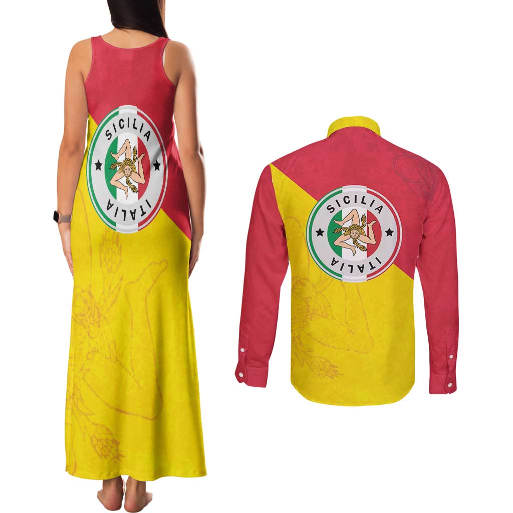 Italy Sicilia Couples Matching Tank Maxi Dress and Long Sleeve Button Shirt Triskeles With Lemons - Wonder Print Shop