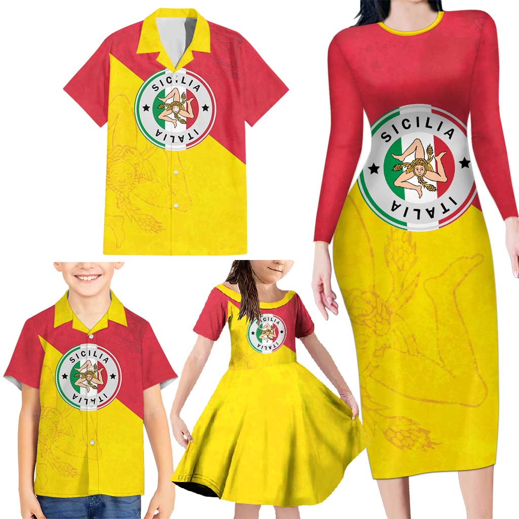 Italy Sicilia Family Matching Long Sleeve Bodycon Dress and Hawaiian Shirt Triskeles With Lemons - Wonder Print Shop