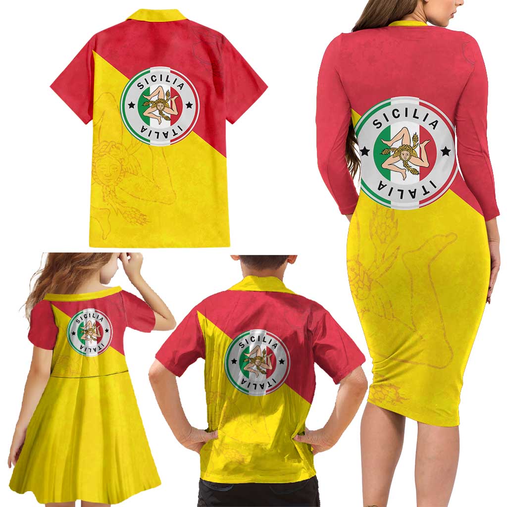 Italy Sicilia Family Matching Long Sleeve Bodycon Dress and Hawaiian Shirt Triskeles With Lemons - Wonder Print Shop