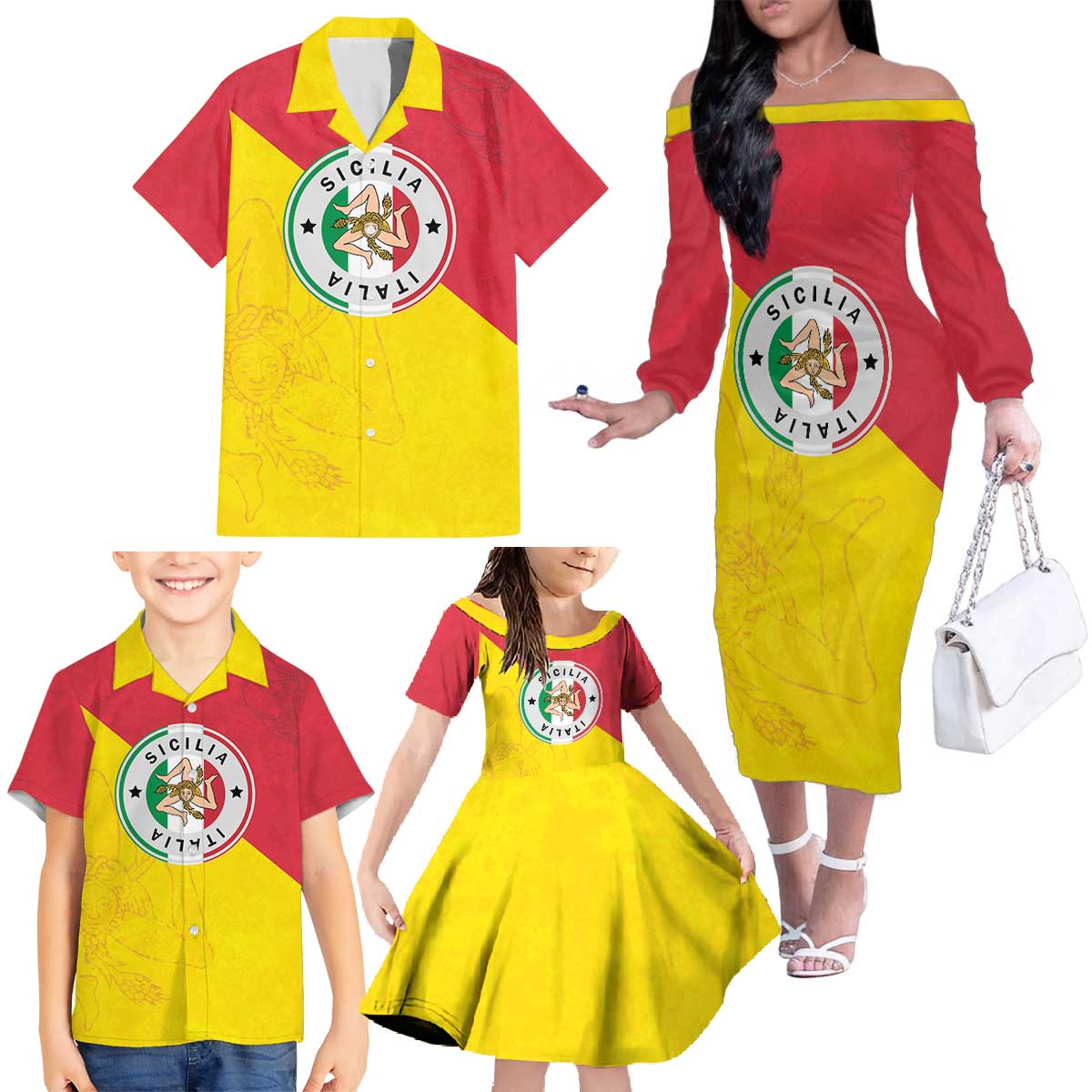 Italy Sicilia Family Matching Off The Shoulder Long Sleeve Dress and Hawaiian Shirt Triskeles With Lemons - Wonder Print Shop