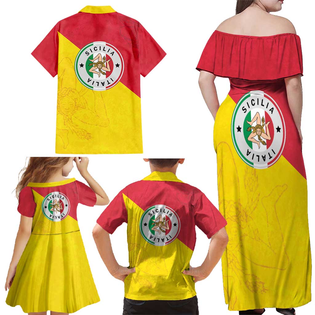 Italy Sicilia Family Matching Off Shoulder Maxi Dress and Hawaiian Shirt Triskeles With Lemons - Wonder Print Shop