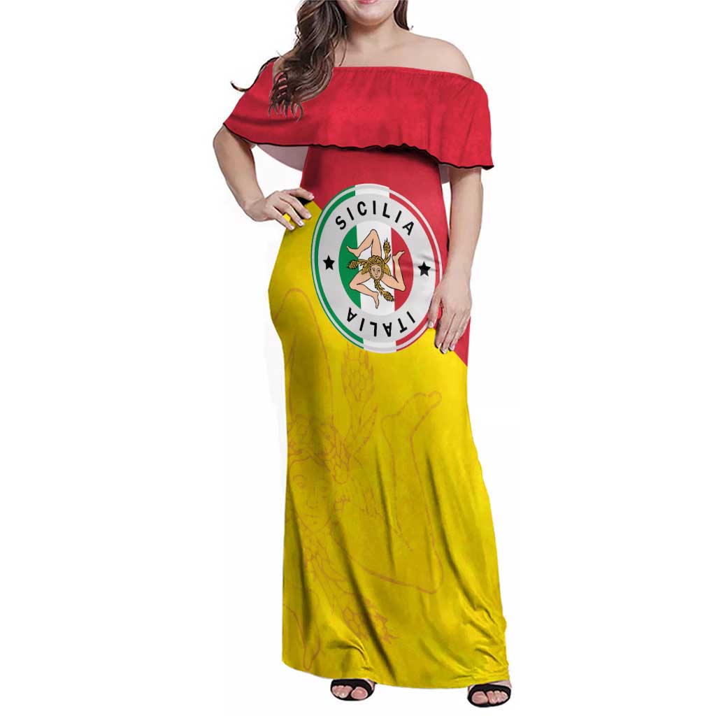 Italy Sicilia Family Matching Off Shoulder Maxi Dress and Hawaiian Shirt Triskeles With Lemons - Wonder Print Shop