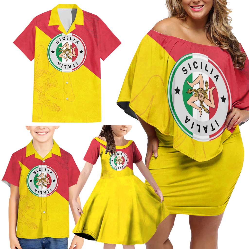 Italy Sicilia Family Matching Off Shoulder Short Dress and Hawaiian Shirt Triskeles With Lemons - Wonder Print Shop